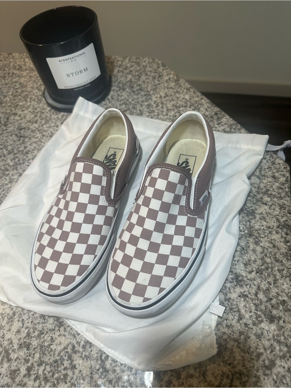 Vans womens 8.5 Slip-On Checkerboard Sneakers in Brown and White